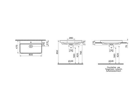 VitrA Metropole 7527B076-0973 Çanak Lavabo, 80cm, Mat Taş Gri